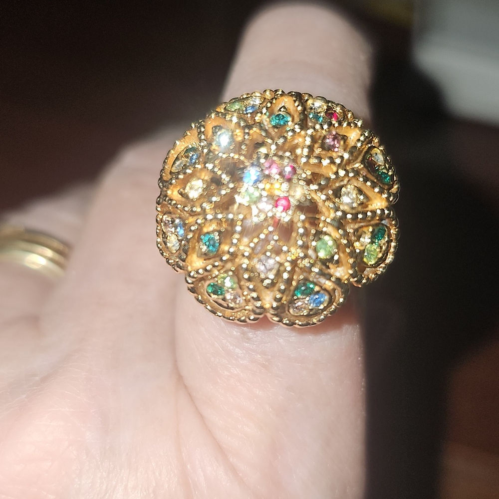 Gold Filigree Statement Ring with Multicolor Stones Adjustable